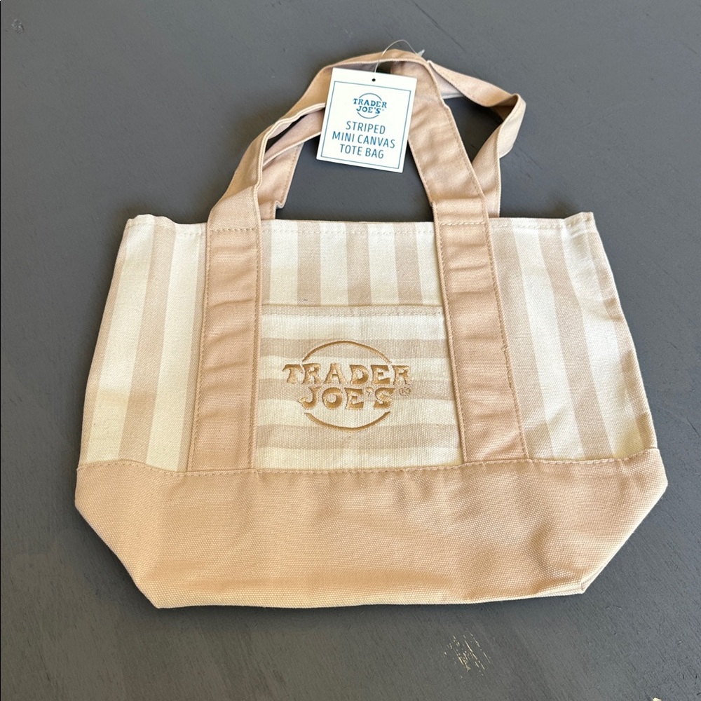 Trader Joe’s, mini canvas tote bag in tan/creme / sand stripes